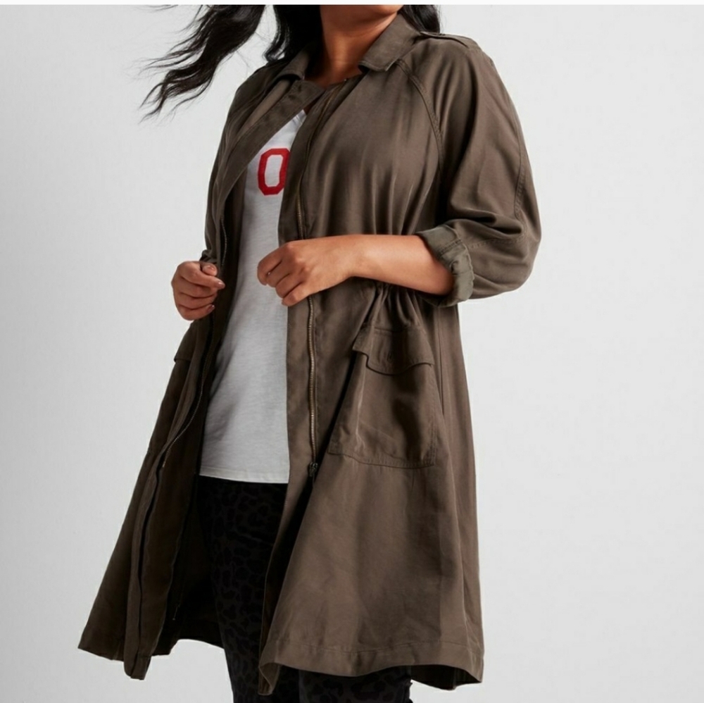 Lane Bryant Women's 22/24 Green Long Twill Military Utility Duster Trench Coat